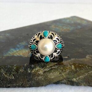 Heavy Sterling Silver 925 Large Pearl Turquoise Scrollwork Statement Ring Sz 6.5